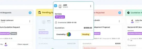 Kanban board in ClientRamp showing projects and quotes organized by stage and status